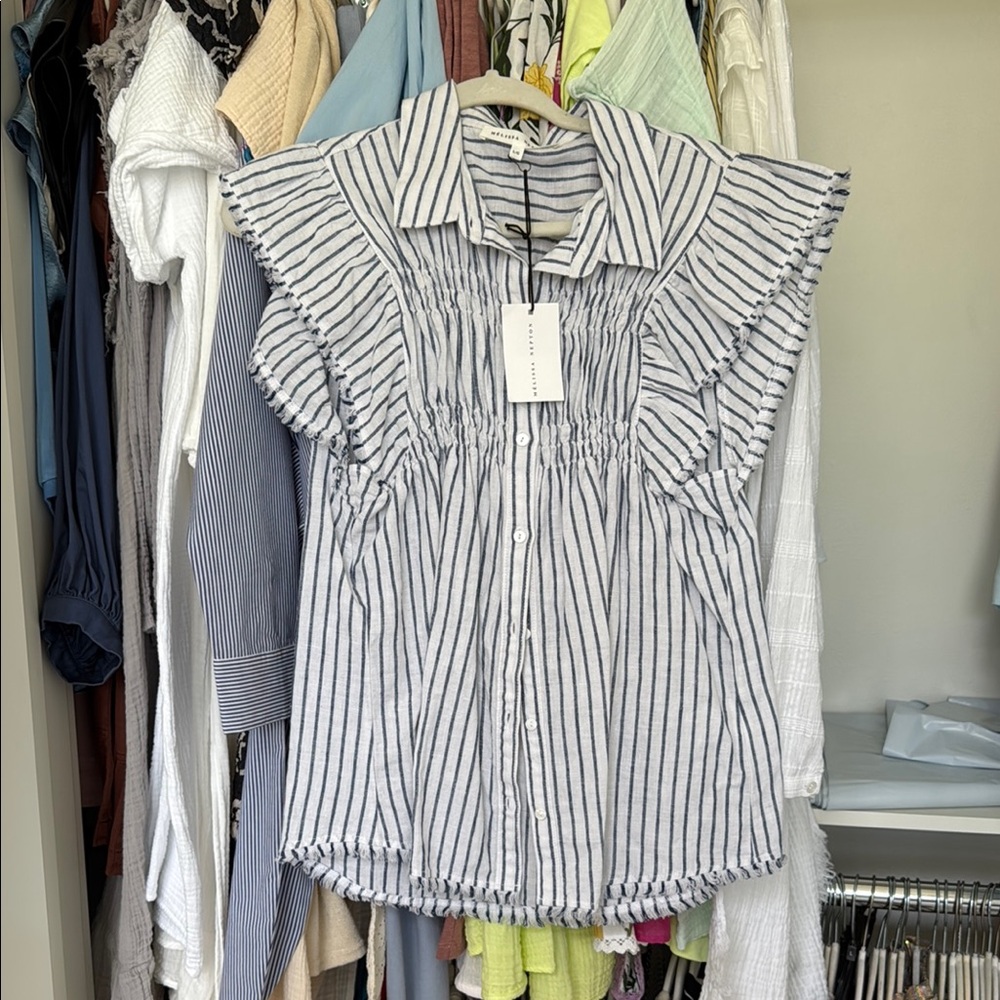 MELISSA NEPTON Navy and White Ruffled Button Down Blouse